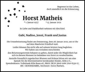 Anzeige von Horst Matheis von Kölner Stadt-Anzeiger / Kölnische Rundschau / Express