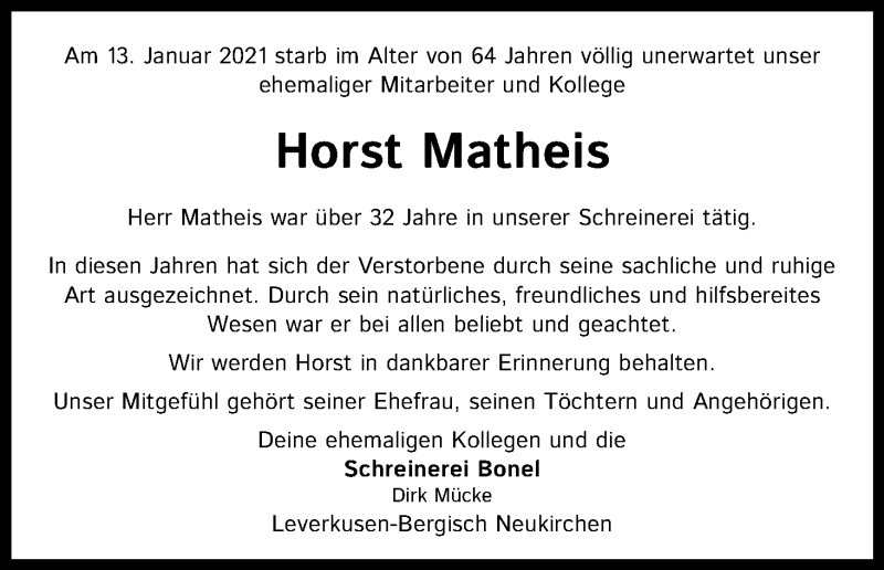  Traueranzeige für Horst Matheis vom 27.01.2021 aus Kölner Stadt-Anzeiger / Kölnische Rundschau / Express