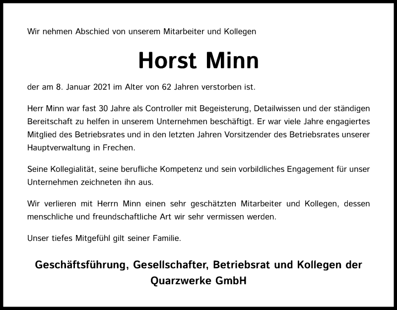  Traueranzeige für Horst Minn vom 20.01.2021 aus Kölner Stadt-Anzeiger / Kölnische Rundschau / Express
