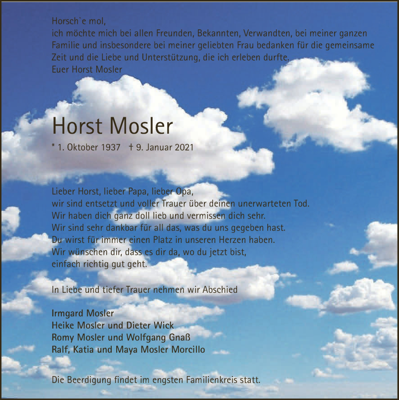  Traueranzeige für Horst Mosler vom 22.01.2021 aus  Anzeigen Echo 