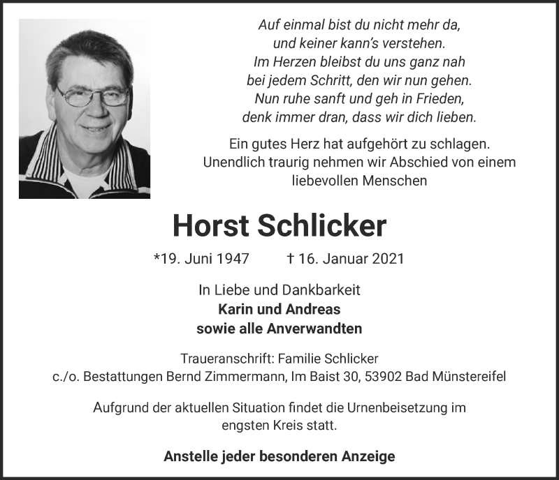  Traueranzeige für Horst Schlicker vom 23.01.2021 aus  Blickpunkt Euskirchen 