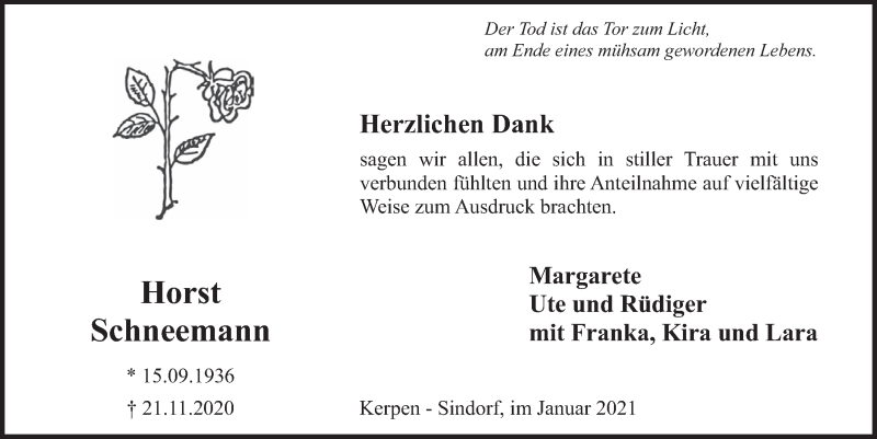  Traueranzeige für Horst Schneemann vom 02.01.2021 aus  Werbepost 