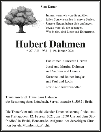 Anzeige von Hubert Dahmen von  Schlossbote/Werbekurier 