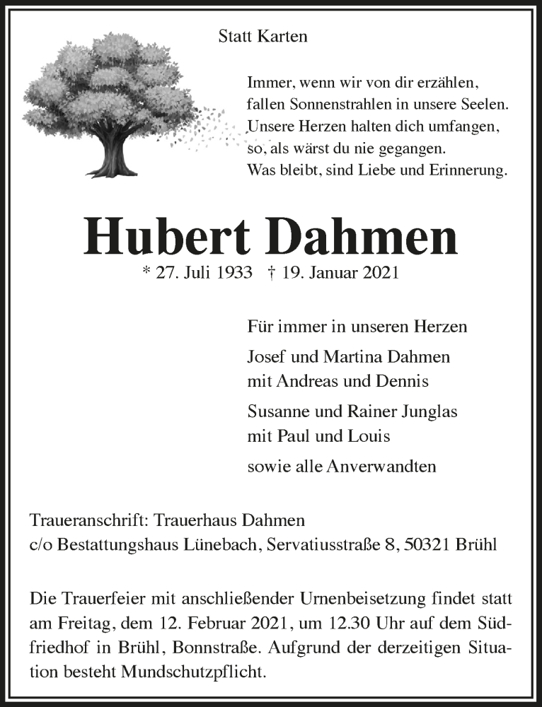 Traueranzeige für Hubert Dahmen vom 29.01.2021 aus  Schlossbote/Werbekurier 