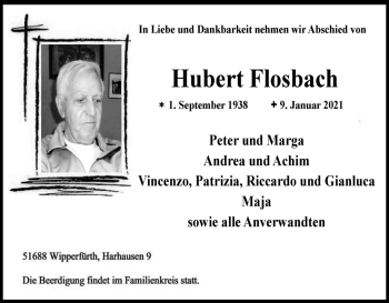 Anzeige von Hubert Flosbach von Kölner Stadt-Anzeiger / Kölnische Rundschau / Express