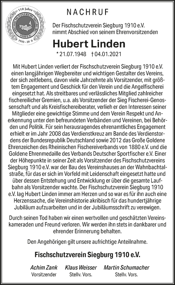  Traueranzeige für Hubert Linden vom 15.01.2021 aus  Extra Blatt 