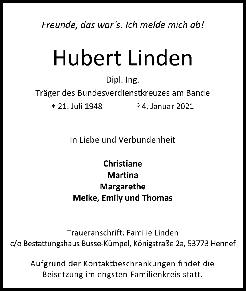  Traueranzeige für Hubert Linden vom 09.01.2021 aus Kölner Stadt-Anzeiger / Kölnische Rundschau / Express