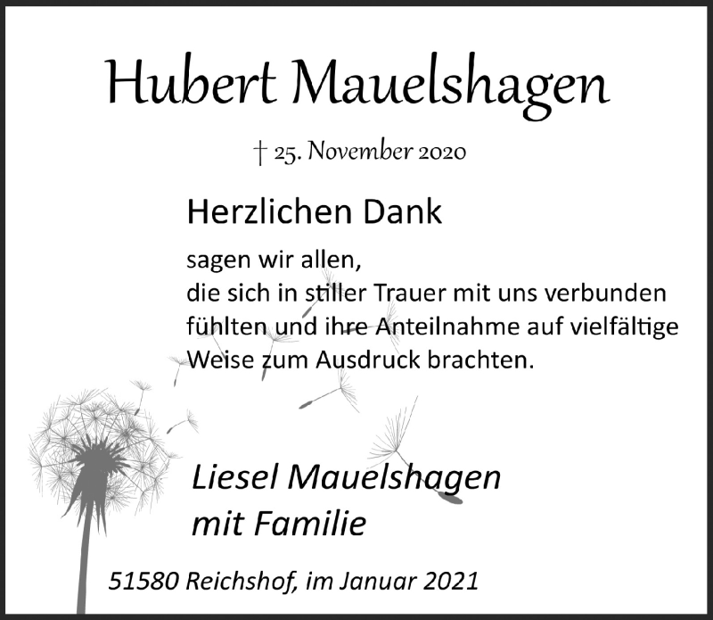  Traueranzeige für Hubert Mauelshagen vom 08.01.2021 aus  Lokalanzeiger 