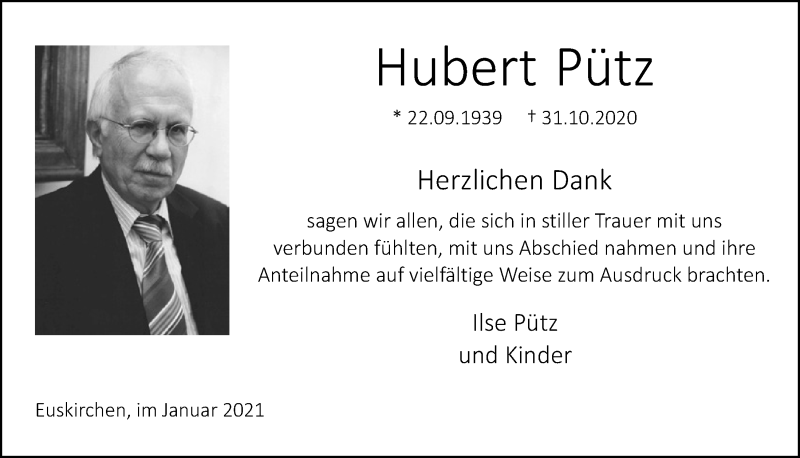  Traueranzeige für Hubert Pütz vom 09.01.2021 aus  Blickpunkt Euskirchen 
