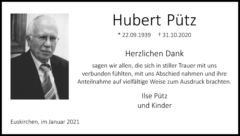  Traueranzeige für Hubert Pütz vom 09.01.2021 aus Kölner Stadt-Anzeiger / Kölnische Rundschau / Express