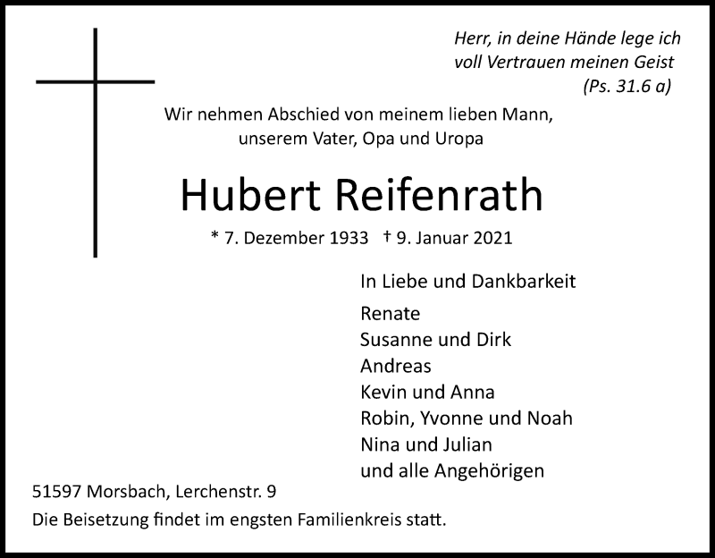  Traueranzeige für Hubert Reifenrath vom 13.01.2021 aus Kölner Stadt-Anzeiger / Kölnische Rundschau / Express