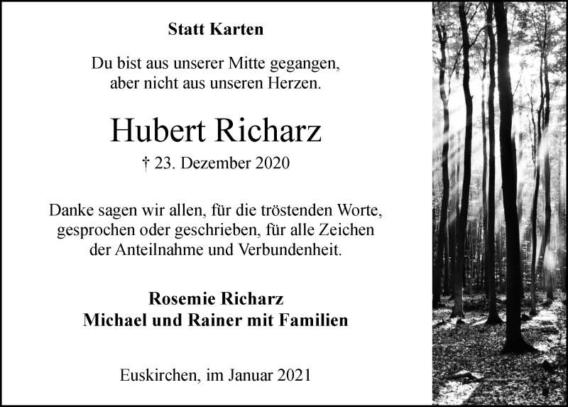  Traueranzeige für Hubert Richarz vom 30.01.2021 aus  Blickpunkt Euskirchen 