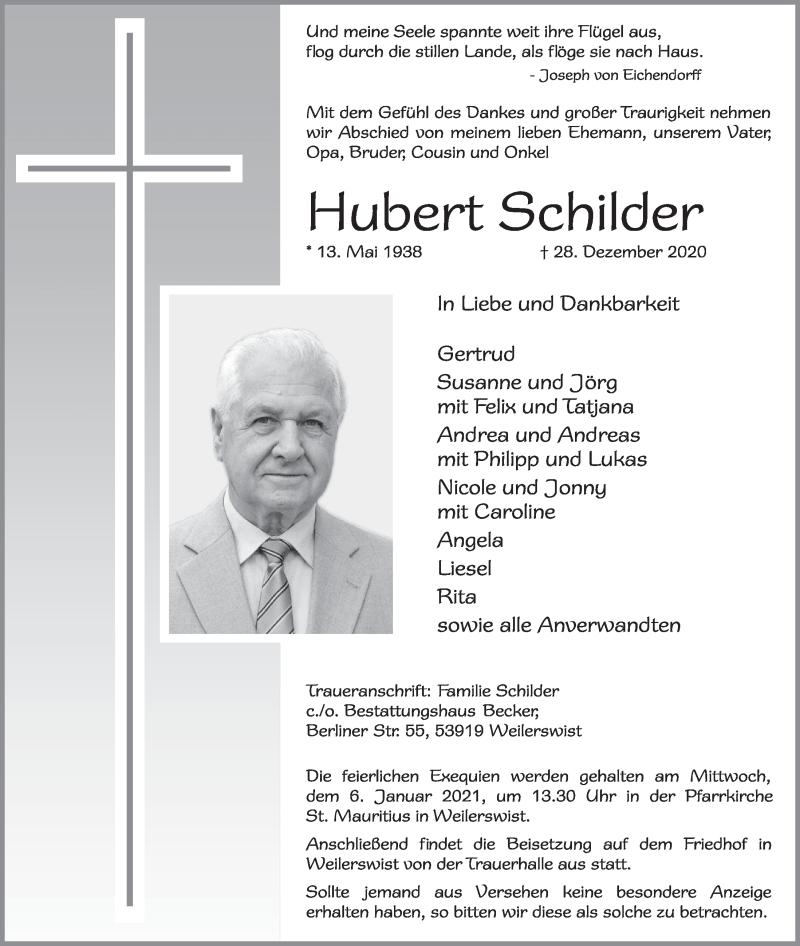 Traueranzeige für Hubert Schilder vom 02.01.2021 aus  Blickpunkt Euskirchen 