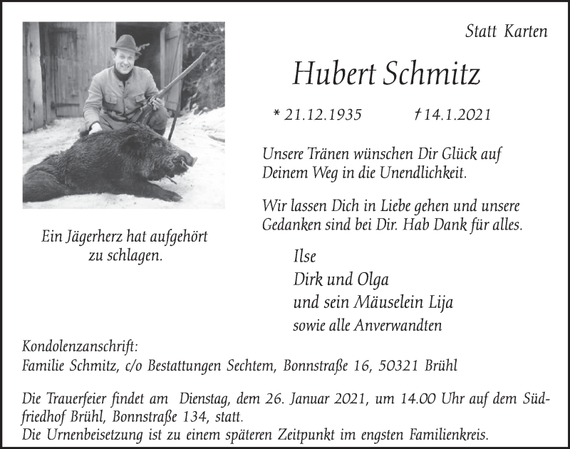  Traueranzeige für Hubert Schmitz vom 22.01.2021 aus  Schlossbote/Werbekurier 