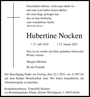 Anzeige von Hubertine Nocken von Kölner Stadt-Anzeiger / Kölnische Rundschau / Express