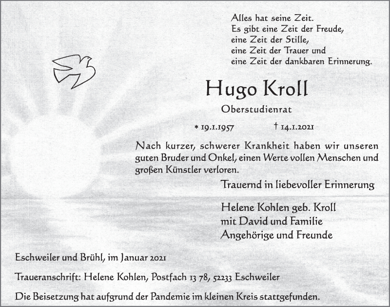  Traueranzeige für Hugo Kroll vom 22.01.2021 aus  Schlossbote/Werbekurier 