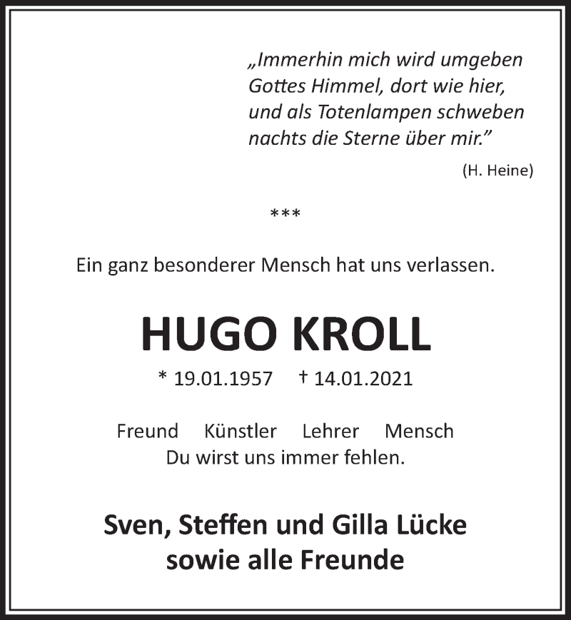  Traueranzeige für Hugo Kroll vom 22.01.2021 aus  Schlossbote/Werbekurier 