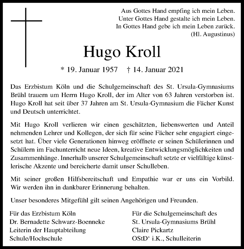  Traueranzeige für Hugo Kroll vom 23.01.2021 aus Kölner Stadt-Anzeiger / Kölnische Rundschau / Express