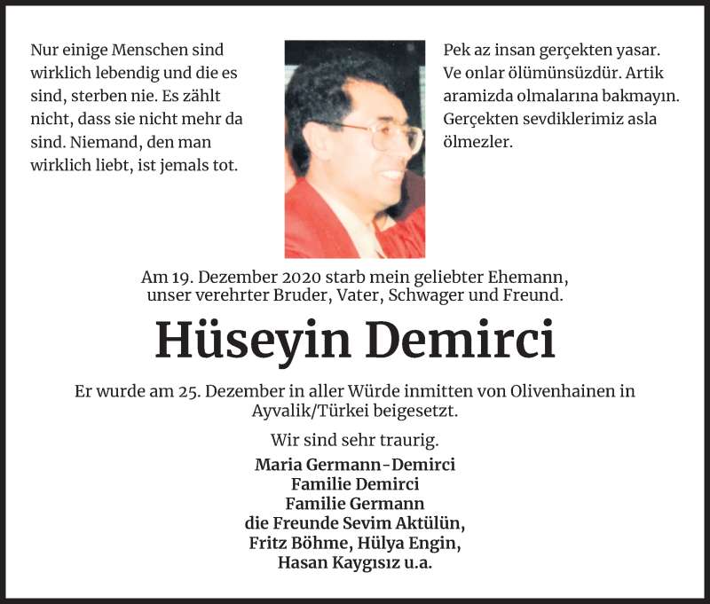  Traueranzeige für Hüseyin Demirci vom 02.01.2021 aus Kölner Stadt-Anzeiger / Kölnische Rundschau / Express