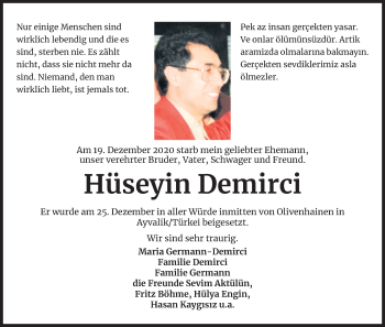 Anzeige von Hüseyin Demirci von Kölner Stadt-Anzeiger / Kölnische Rundschau / Express