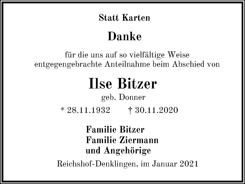  Traueranzeige für Ilse Bitzer vom 09.01.2021 aus Kölner Stadt-Anzeiger / Kölnische Rundschau / Express
