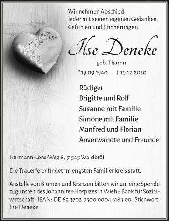 Anzeige von Ilse Deneke von  Lokalanzeiger 
