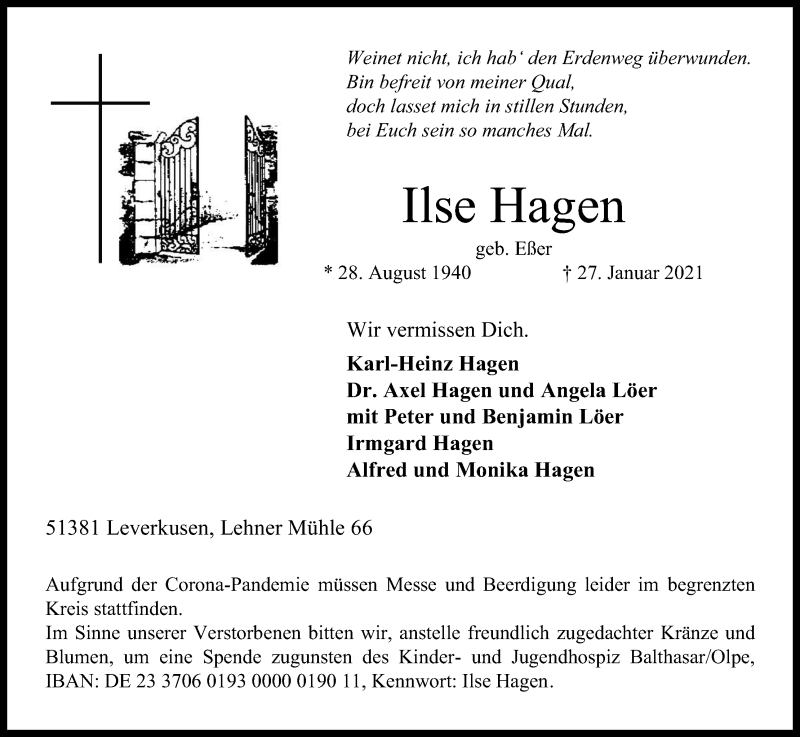  Traueranzeige für Ilse Hagen vom 01.02.2021 aus Kölner Stadt-Anzeiger / Kölnische Rundschau / Express