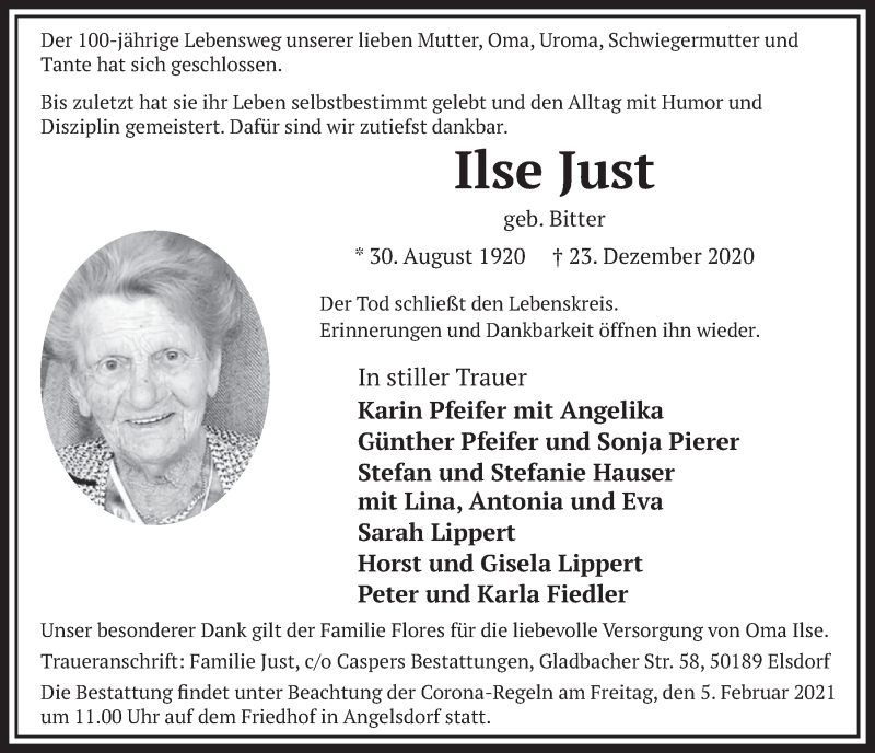  Traueranzeige für Ilse Just vom 29.01.2021 aus  Werbepost 