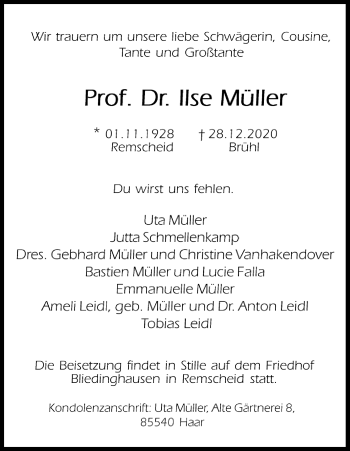 Anzeige von Ilse Müller von Kölner Stadt-Anzeiger / Kölnische Rundschau / Express