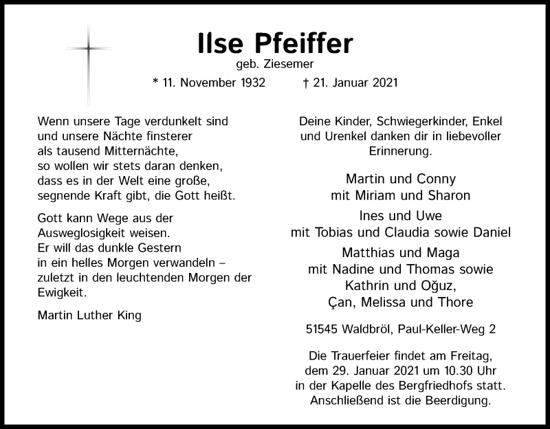  Traueranzeige für Ilse Pfeiffer vom 26.01.2021 aus Kölner Stadt-Anzeiger / Kölnische Rundschau / Express
