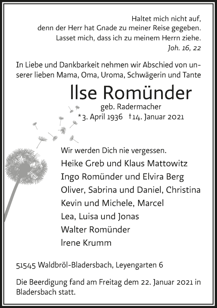  Traueranzeige für Ilse Romünder vom 22.01.2021 aus  Lokalanzeiger 