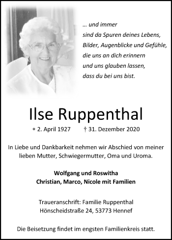 Anzeige von Ilse Ruppenthal von Kölner Stadt-Anzeiger / Kölnische Rundschau / Express