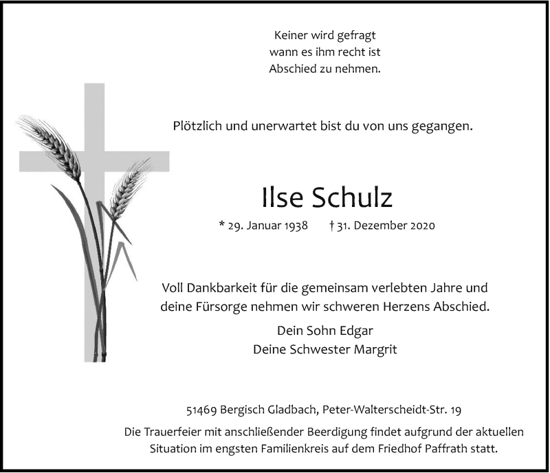  Traueranzeige für Ilse Schulz vom 08.01.2021 aus  Bergisches Handelsblatt 