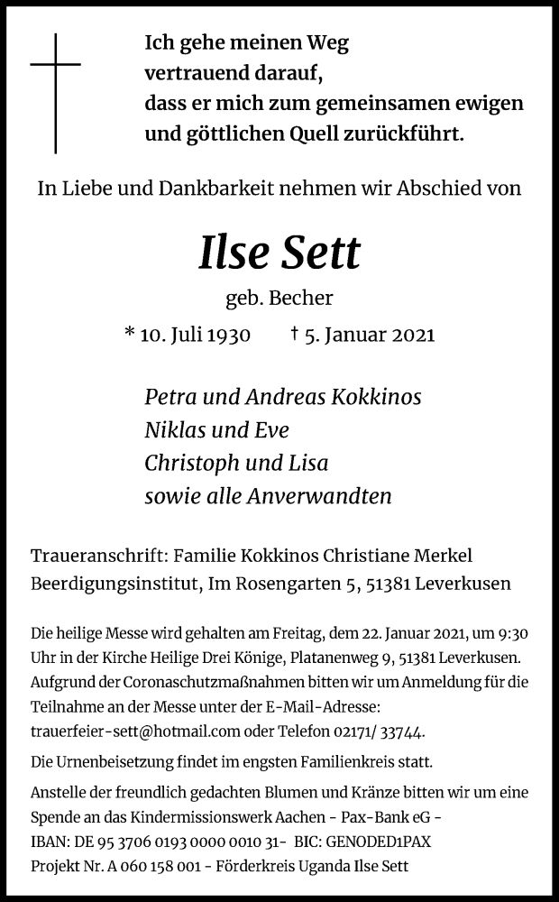  Traueranzeige für Ilse Sett vom 13.01.2021 aus Kölner Stadt-Anzeiger / Kölnische Rundschau / Express