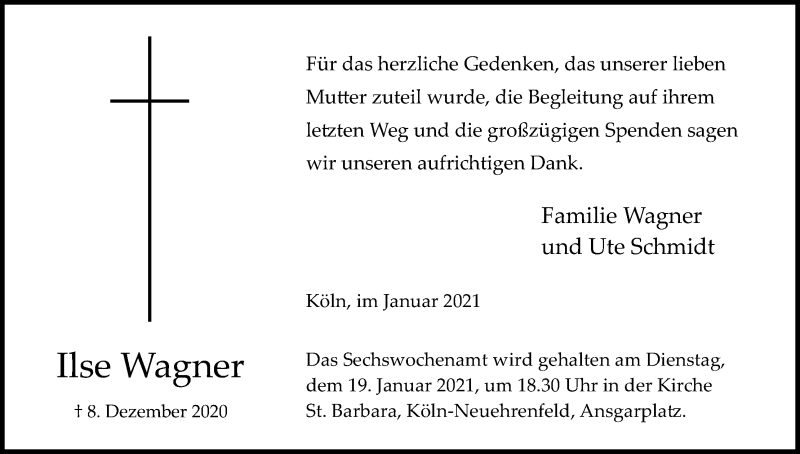  Traueranzeige für Ilse Wagner vom 09.01.2021 aus Kölner Stadt-Anzeiger / Kölnische Rundschau / Express