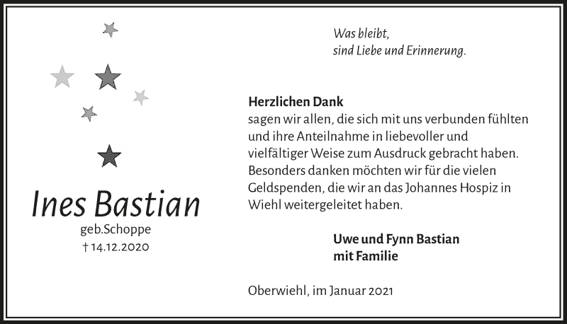  Traueranzeige für Ines Bastian vom 29.01.2021 aus  Anzeigen Echo  Lokalanzeiger 