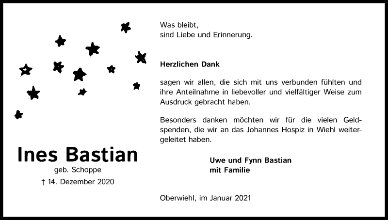  Traueranzeige für Ines Bastian vom 30.01.2021 aus Kölner Stadt-Anzeiger / Kölnische Rundschau / Express