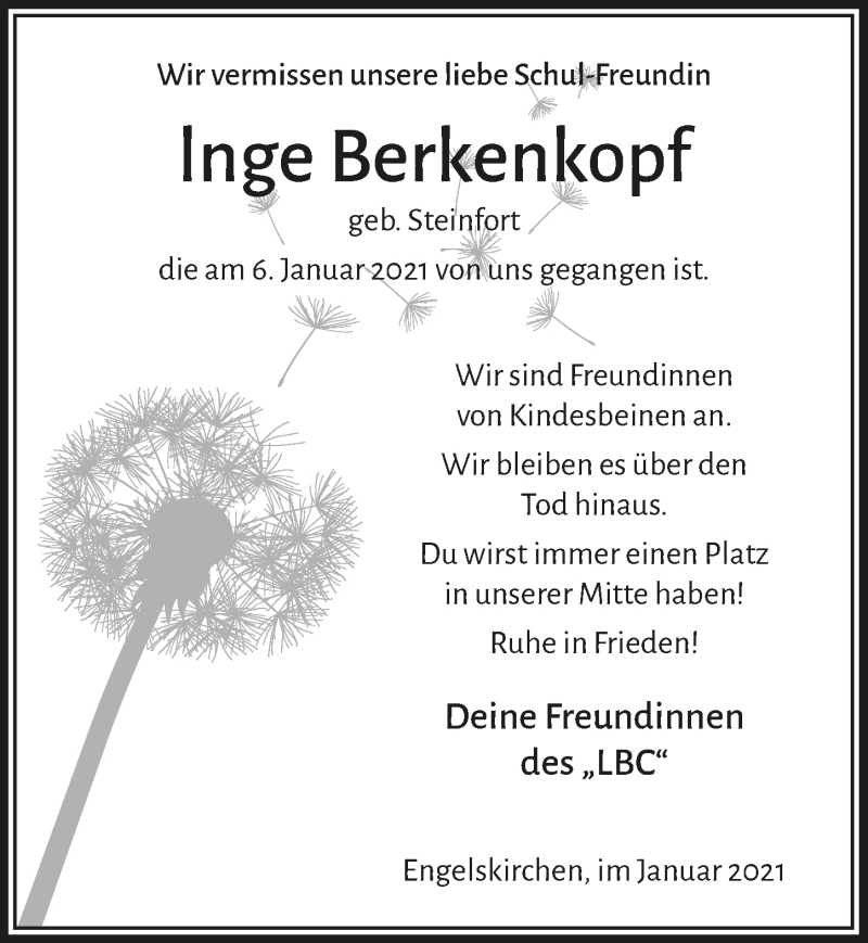  Traueranzeige für Inge Berkenkopf vom 15.01.2021 aus  Anzeigen Echo 