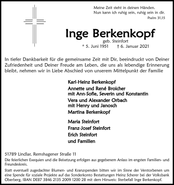 Anzeige von Inge Berkenkopf von Kölner Stadt-Anzeiger / Kölnische Rundschau / Express