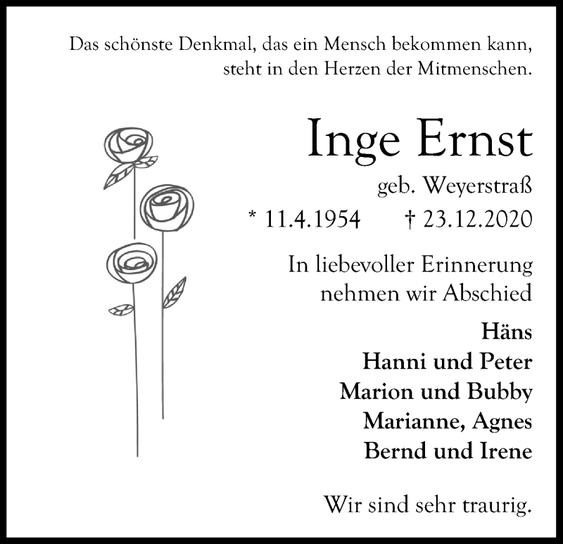  Traueranzeige für Inge Ernst vom 02.01.2021 aus Kölner Stadt-Anzeiger / Kölnische Rundschau / Express