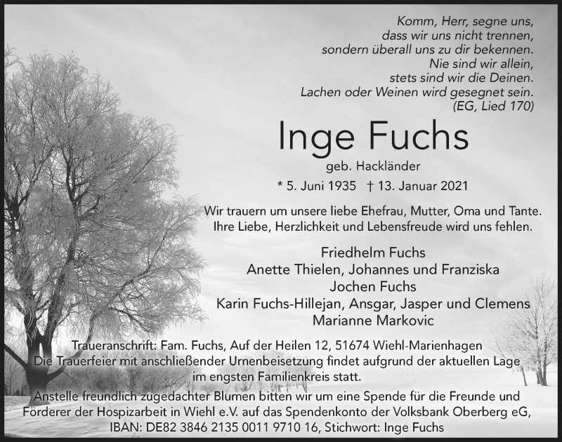  Traueranzeige für Inge Fuchs vom 22.01.2021 aus  Anzeigen Echo 