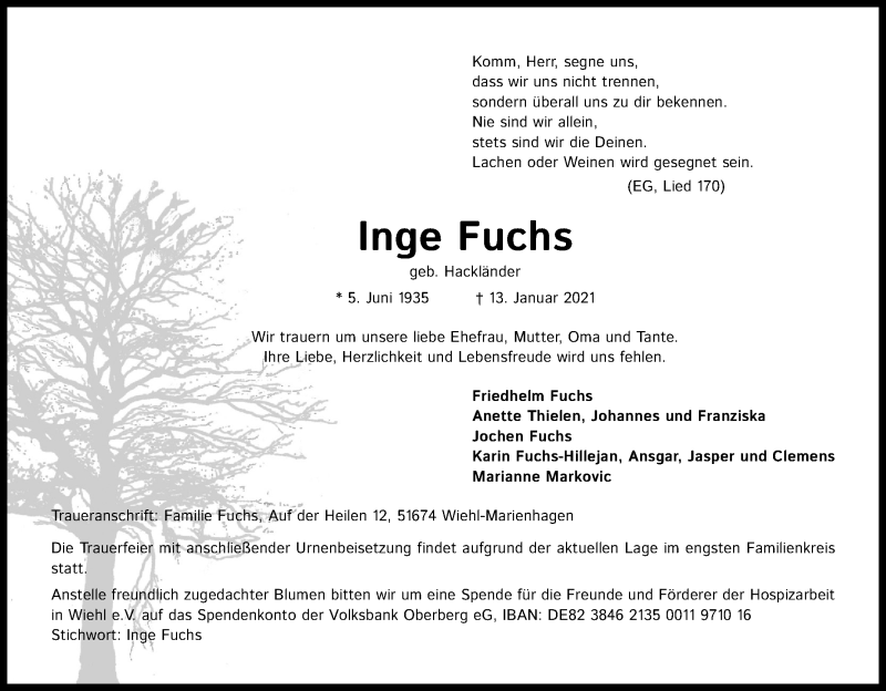  Traueranzeige für Inge Fuchs vom 20.01.2021 aus Kölner Stadt-Anzeiger / Kölnische Rundschau / Express