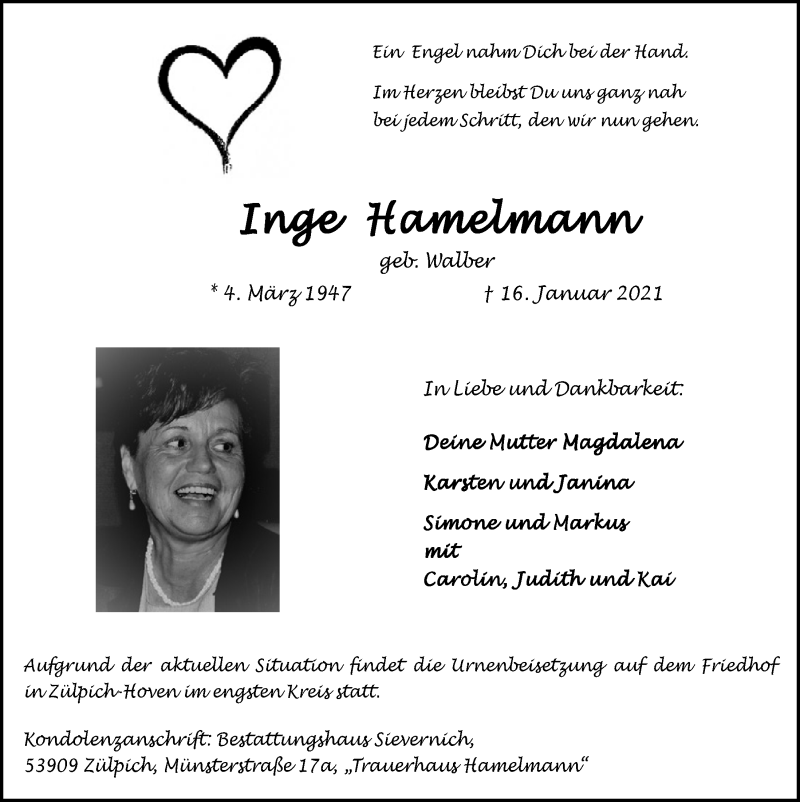  Traueranzeige für Inge Hamelmann vom 23.01.2021 aus  Blickpunkt Euskirchen 