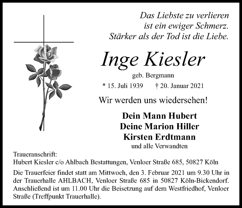  Traueranzeige für Inge Kiesler vom 30.01.2021 aus Kölner Stadt-Anzeiger / Kölnische Rundschau / Express