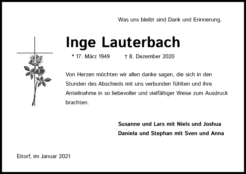  Traueranzeige für Inge Lauterbach vom 16.01.2021 aus Kölner Stadt-Anzeiger / Kölnische Rundschau / Express