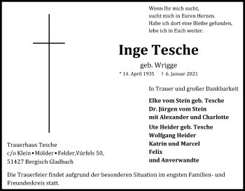 Anzeige von Inge Tesche von Kölner Stadt-Anzeiger / Kölnische Rundschau / Express
