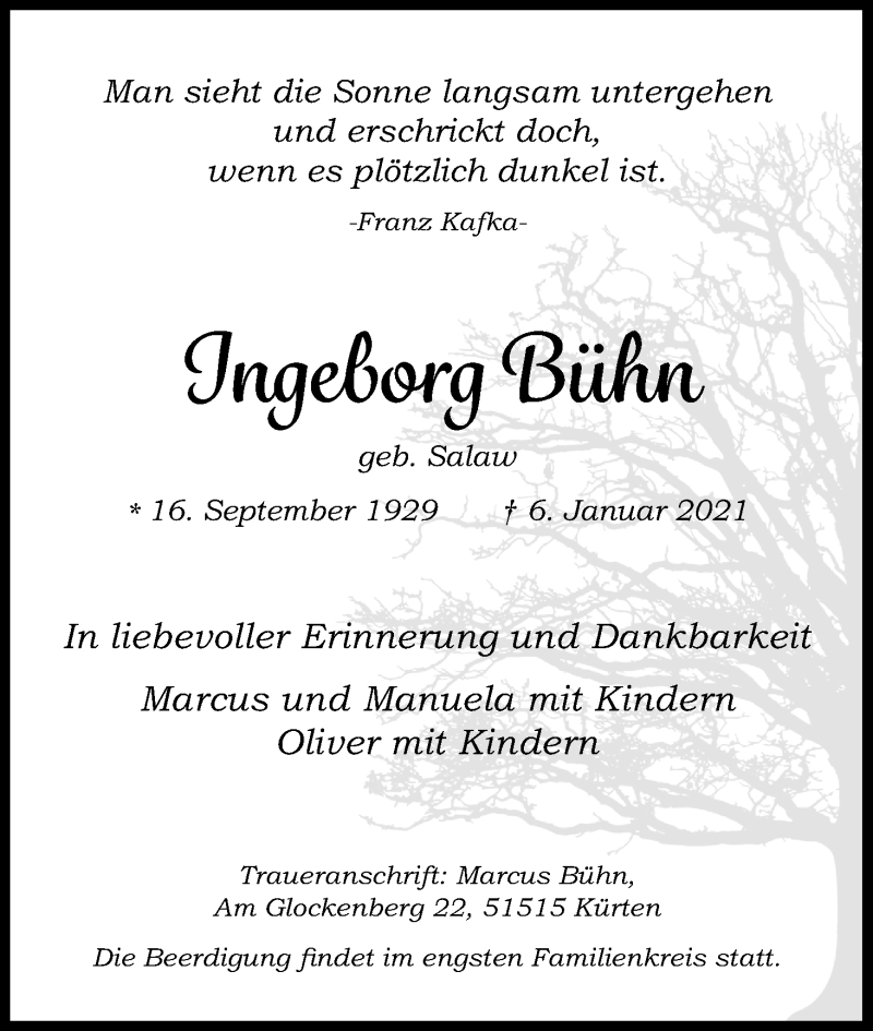  Traueranzeige für Ingeborg Bühn vom 13.01.2021 aus Kölner Stadt-Anzeiger / Kölnische Rundschau / Express