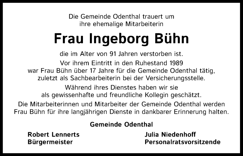  Traueranzeige für Ingeborg Bühn vom 15.01.2021 aus Kölner Stadt-Anzeiger / Kölnische Rundschau / Express