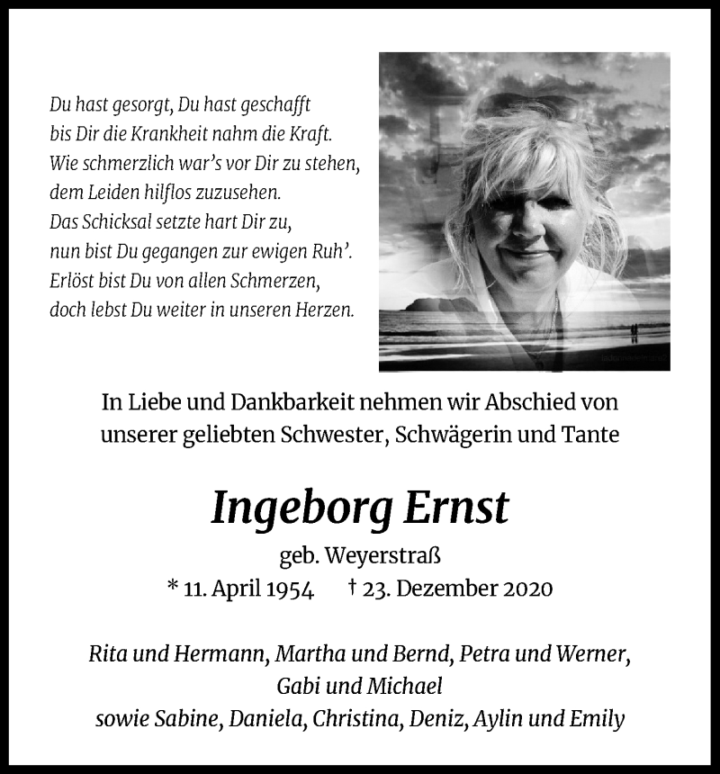  Traueranzeige für Ingeborg Ernst vom 02.01.2021 aus Kölner Stadt-Anzeiger / Kölnische Rundschau / Express