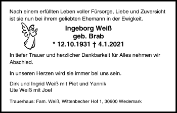 Anzeige von Ingeborg Weiß von Kölner Stadt-Anzeiger / Kölnische Rundschau / Express